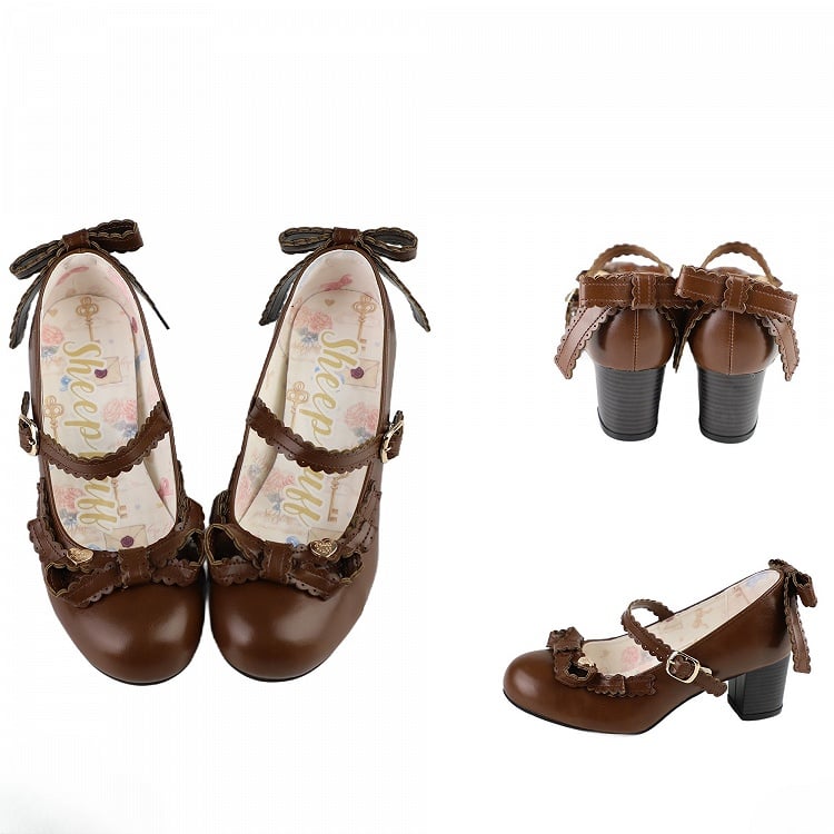 Brown Heart Decorated Bow at Top Mary Janes