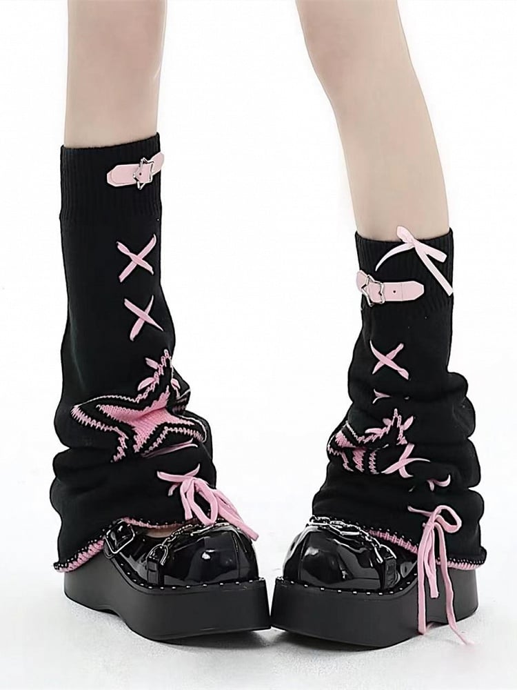 Star Buckles Lace-up Knitted Leg Warmers White/Black/Pink