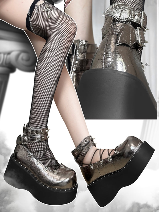 Front Lace-up Spike Stud Detailing Metallic Color Punk Lolita Platforms