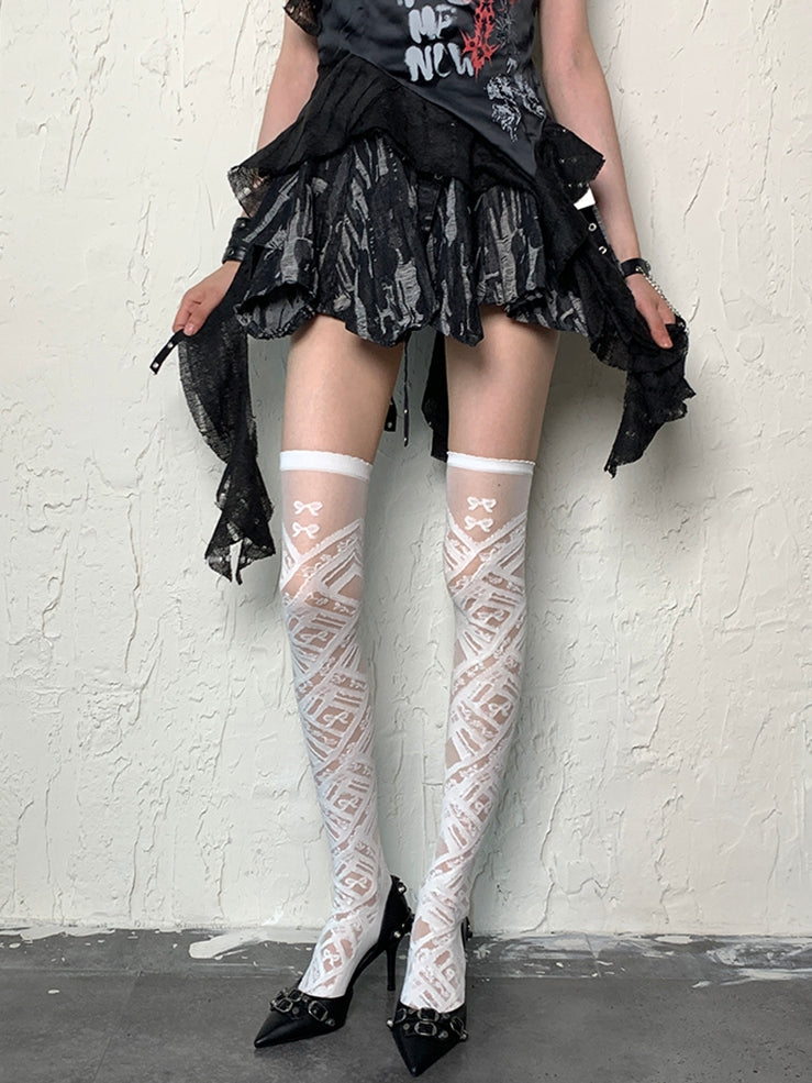 White Y2K Bowknot Details Overknee Stockings