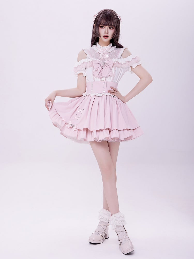 Sweet Pink Jirai Kei High Waist Layered Skirt Smocked Elastic and Self-tie Bow Back