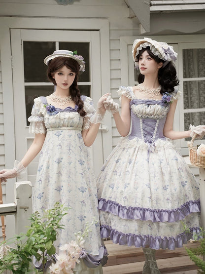 Purple Boned Corset Bodice Iris Print Lolita Dress Classic Floral Print Lolita Jumper Skirt