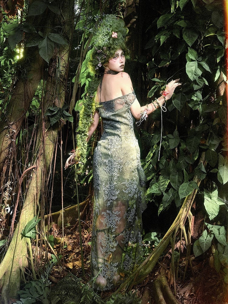 Green Off-the-shoulder Neckline Forest Fairy Goth Cascading Flounce Slit Dress