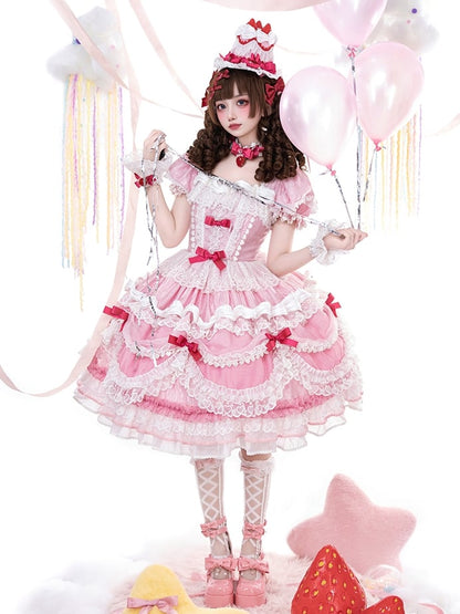 Clearance-Size XXL for Bust 100CM Pink Strawberry Cake Short Puff Sleeves Sweet Lolita Birthday Dress