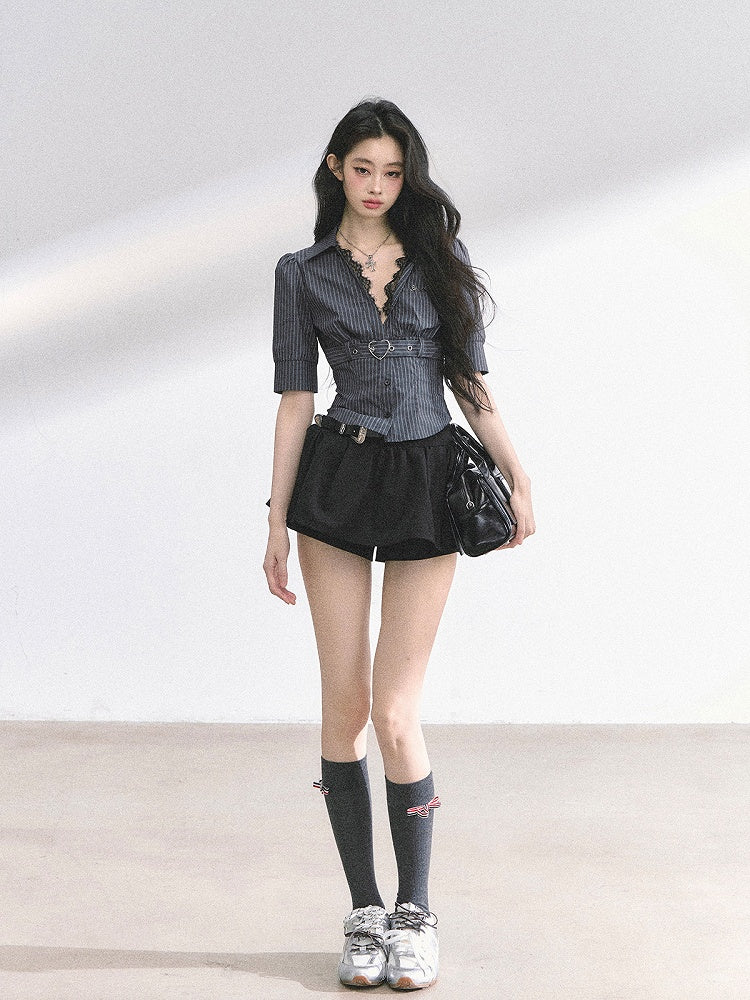 Black Stripes/White V-neck Heart Buckle Strap Short Sleeves Shirt