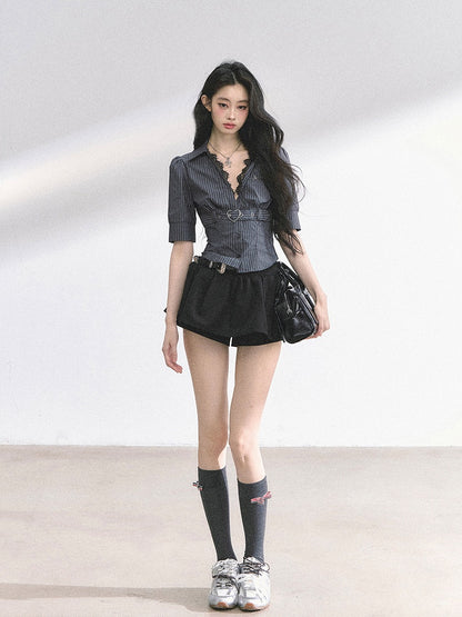 Black Stripes/White V-neck Heart Buckle Strap Short Sleeves Shirt