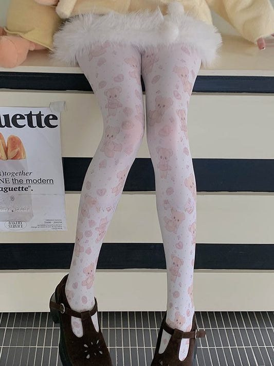 White Sweet Bear Heart Print Tights