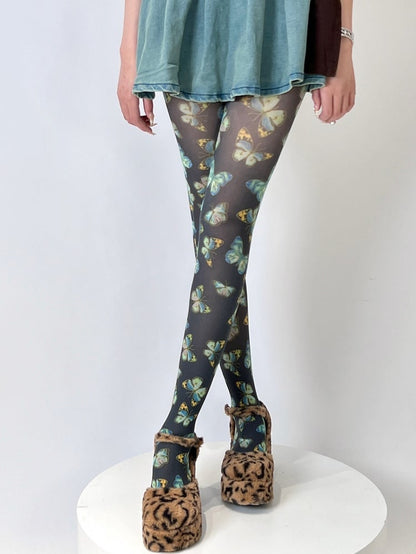 Yellow/Black Butterfly Print Tights