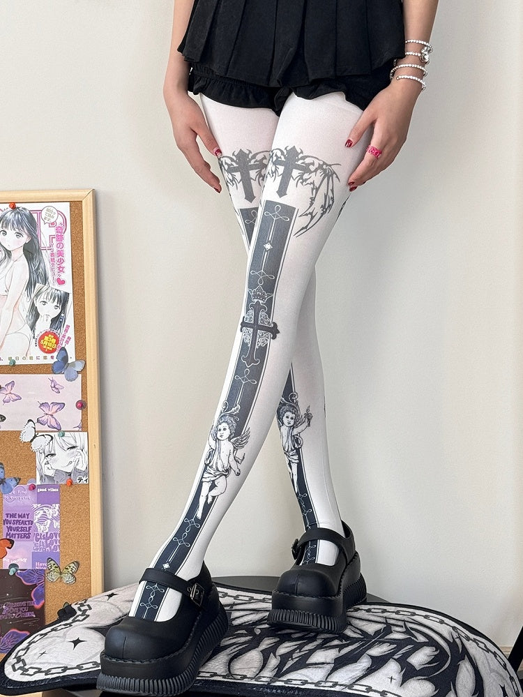 White Cross And Angel Print Tights