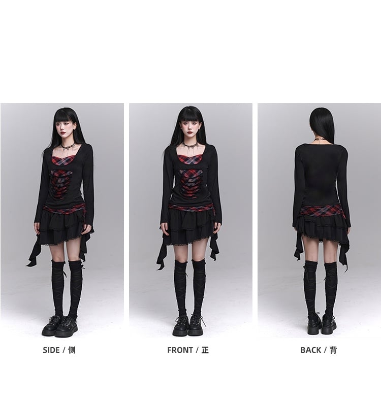 Sweetheart Neckline Distressed Holes Faux Two-pieces Red Plaid Top