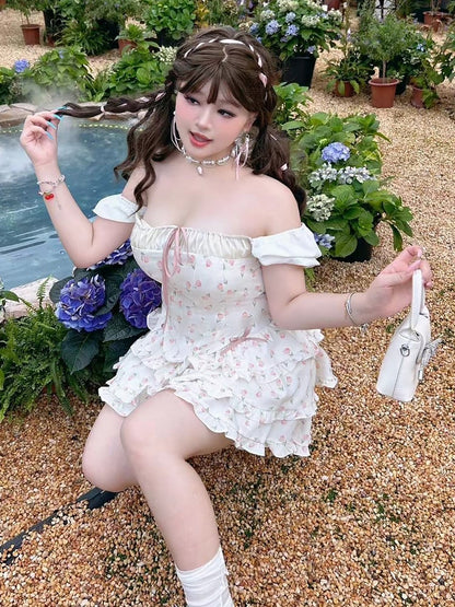 Plus Size White Tulips Print Sweet Bowknots Tiered Skirt