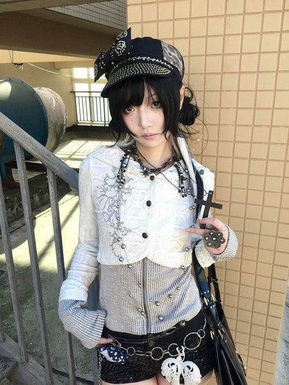 Y2K White / Black Faux Two-Piece Knit Zip-Up Hoodie