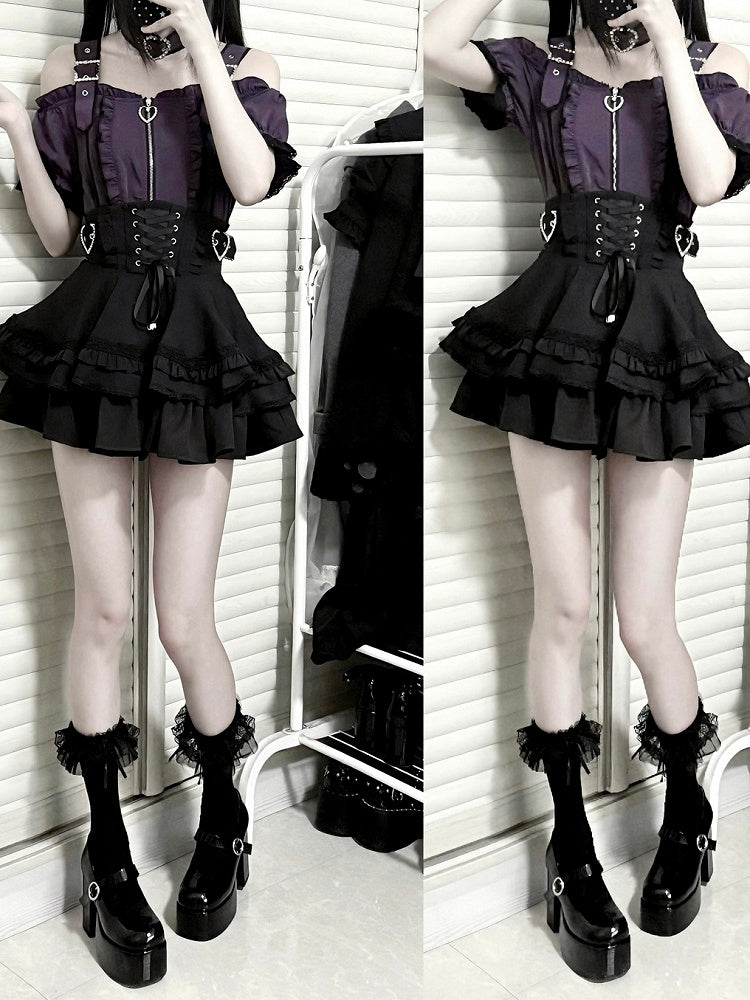 Jirai Kei Heart Buckles Lace-up Front and Back Black Tiered Skirt