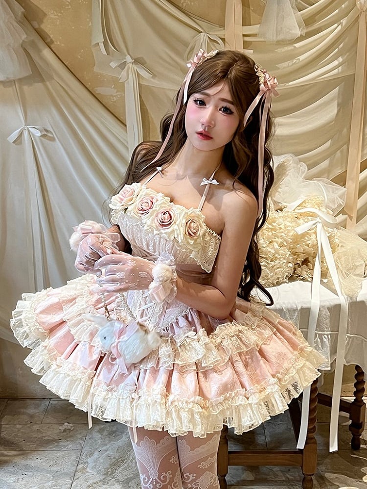 Pink Rose-Embellished Basque Waist Balletcore Dress with Ruffled Layers