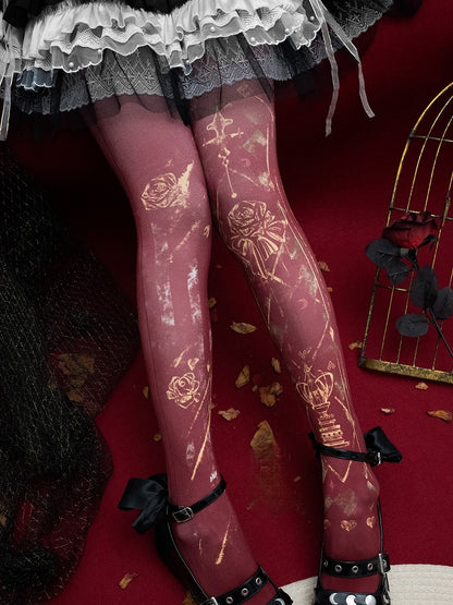 White/Blue/Red Floral Print Gothic Asymmetrical Design Tights