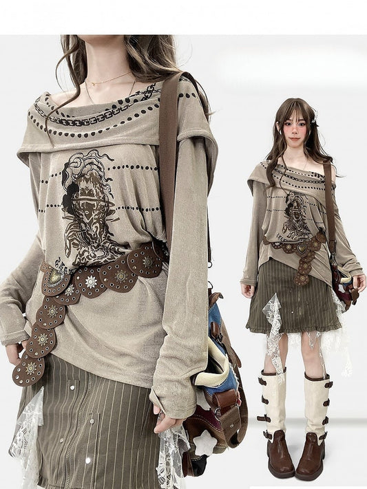 Khaki Millard Fashion Cowl Neckline Print Design Hoodie