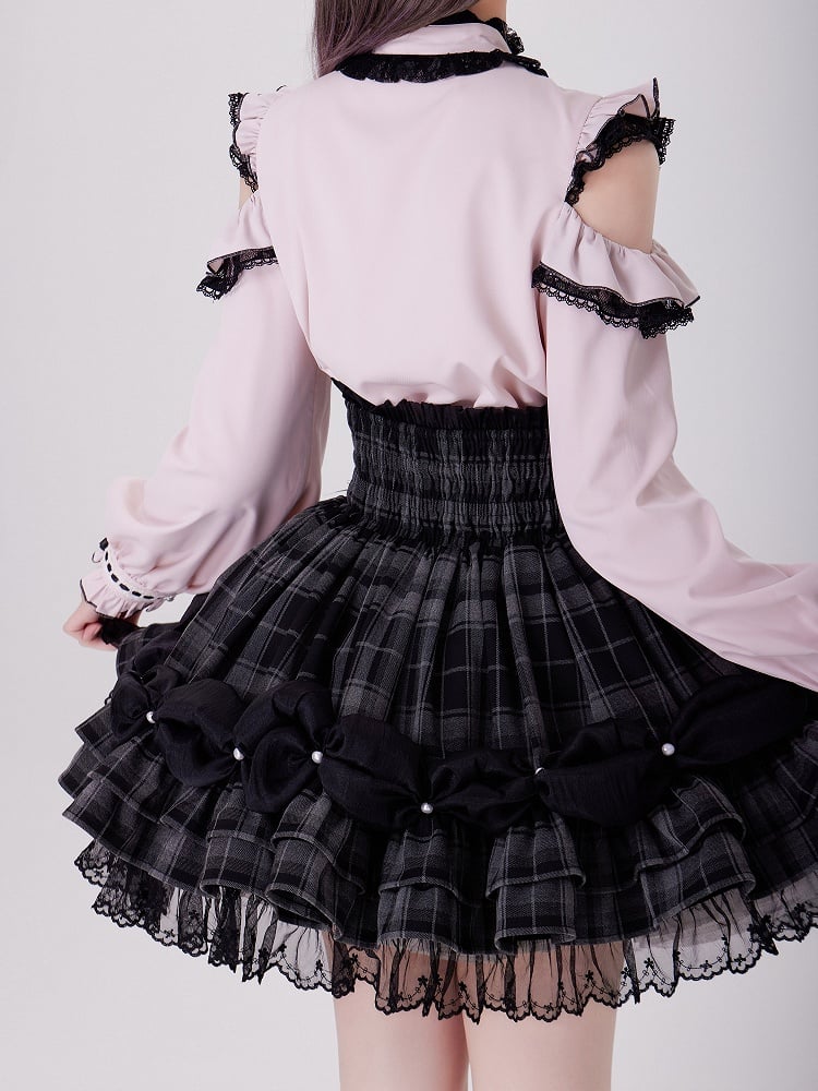 Bead Chain and Bow Accents Adorned High Waist Jirai Kei All Grey Plaid Skirt