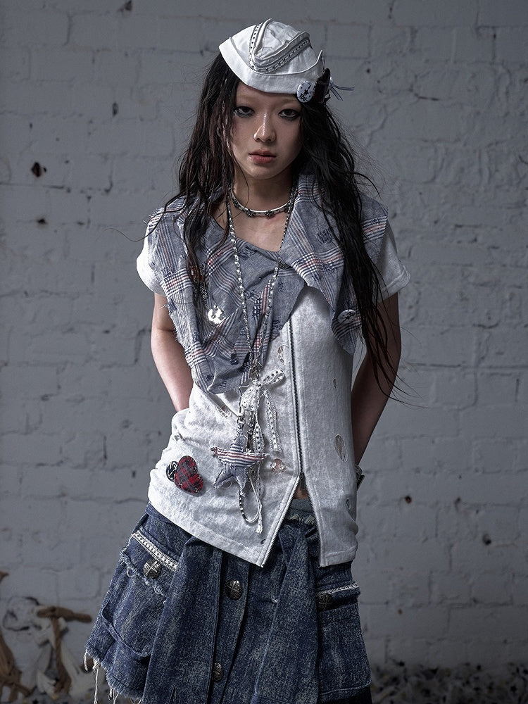 Blue and White Plaid Distressed Holes Navycore Zipper T-shirt Faux Two-pieces