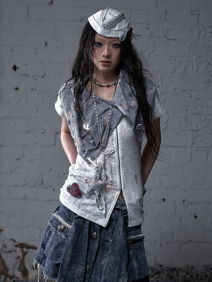 Blue and White Plaid Distressed Holes Navycore Zipper T-shirt Faux Two-pieces