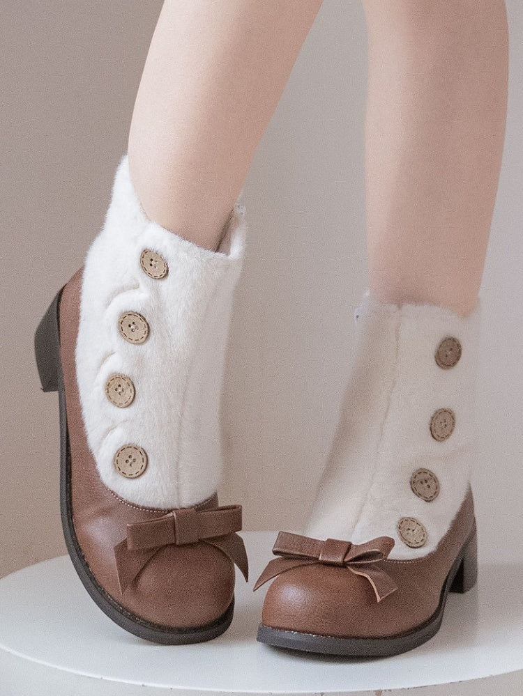 Brown & White Elegant Lolita 4cm/6cm Mid-heel Winter Boots - Plush Lining with Button Accents, Bow Details & Inner Zipper
