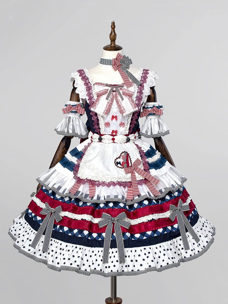 Dark Blue and Red Blueberry Cake Bow Accents Tiered Skirt Sweet Lolita JSK Full Set