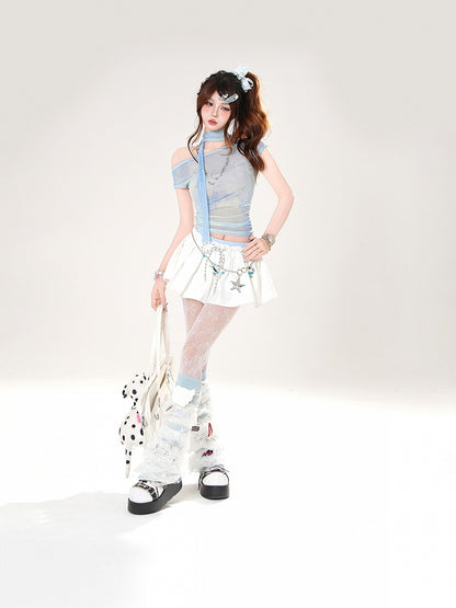 White and Blue Double Elastic Waistband Mini Skirt