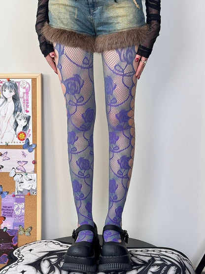 Black&Gray/Purple&Green Y2K Floral Pattern Cut-out Design Tights