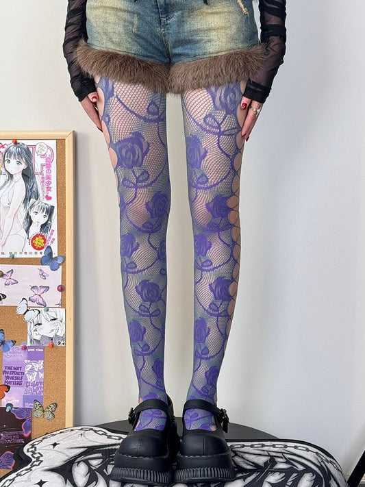Black&Gray/Purple&Green Y2K Floral Pattern Cut-out Design Tights