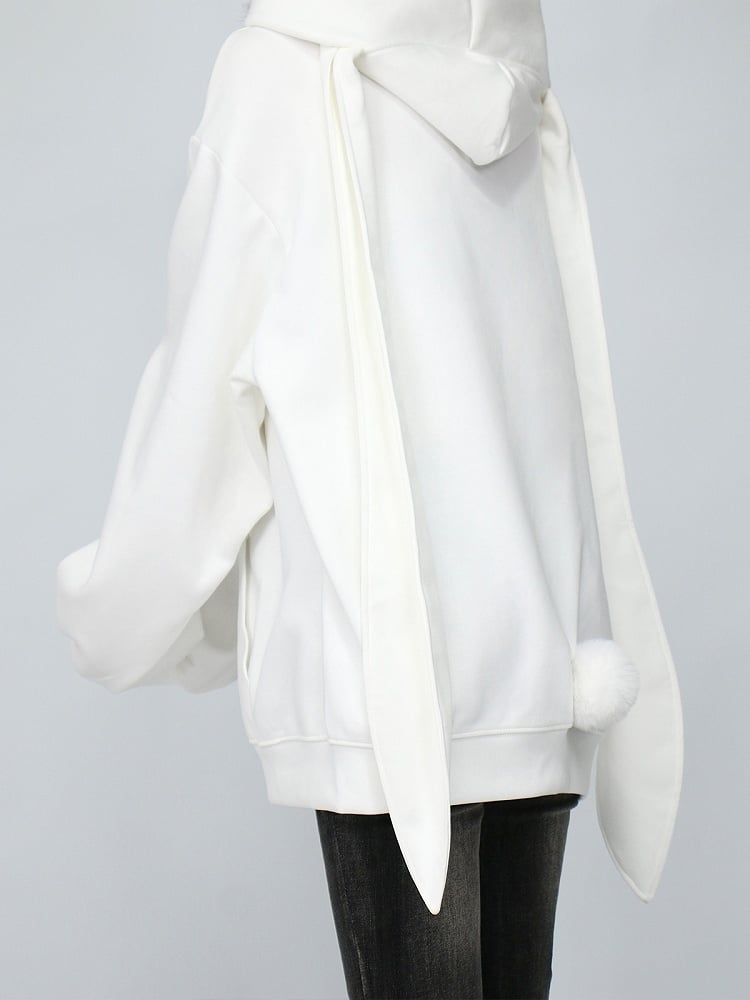 White Longline Zip Hoodie with Bunny-Eared Decoration