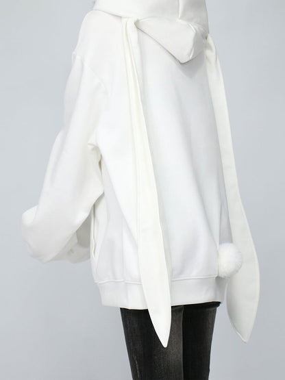 White Longline Zip Hoodie with Bunny-Eared Decoration