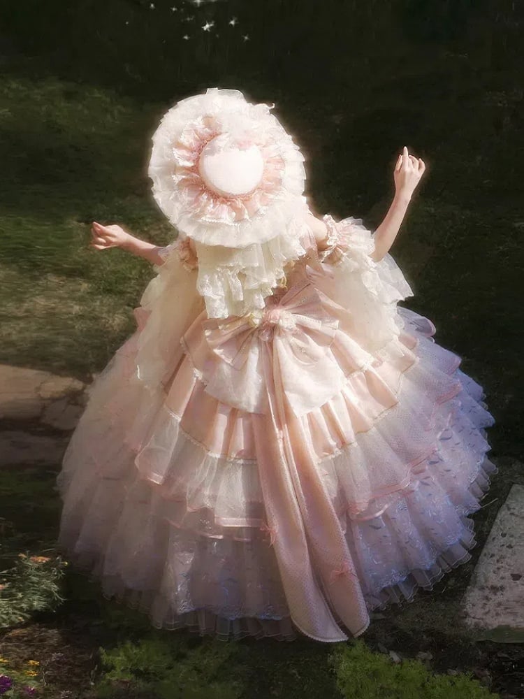 Clearance-Size S for Bust 80CM Pink Corset Bodice Hanayome Hime Lolita Floral Embroidery Layered Floor Length Dress Long Version