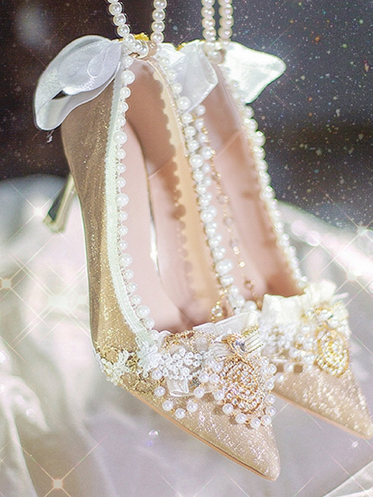 Gold Beaded Chain Bow Accents 5CM/7CM/9CM Glittering Hime Lolita Heels