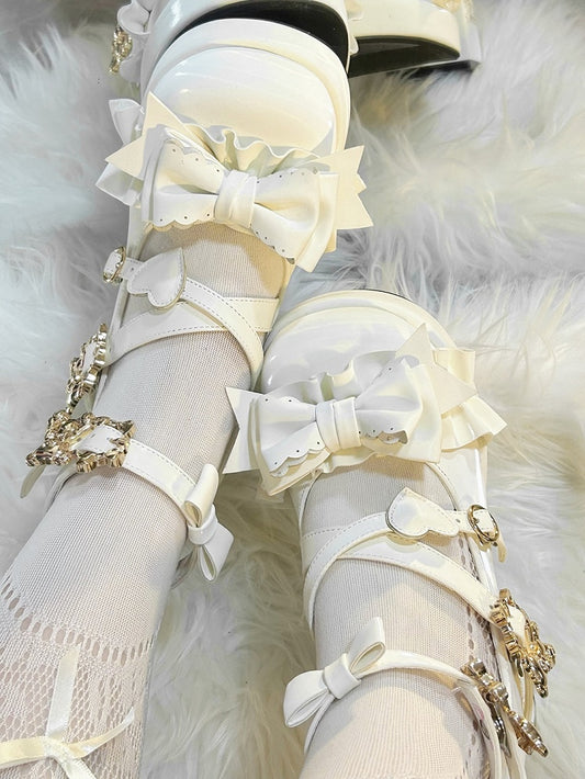 White Bear Buckle Straps Bowknot High Block Heels with Bear Embroidery