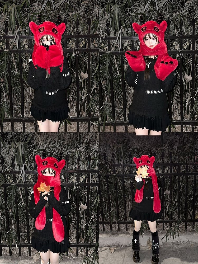 Red Devil Gothic Winter Plush Hat with Scarf Gloves