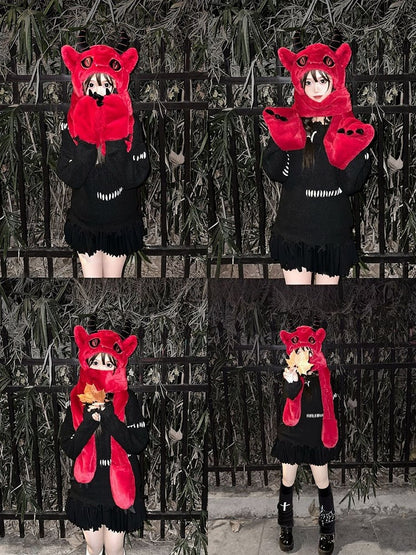 Red Devil Gothic Winter Plush Hat with Scarf Gloves