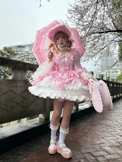 Clearance-Size S for Bust 84-90CM Light Pink Bow Accents Sweet Old School Lolita Princess Dress with Detachable Bell Sleeves
