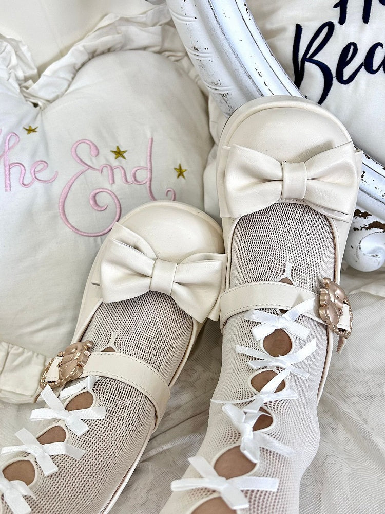 Hugging Bear Heart Buckle Beige Bow at Top Platform Mary Janes with Velcro Strap