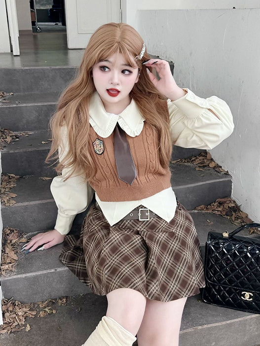 Plus Size White Preppy Shirt / Brown Plaid Pleated Skirt