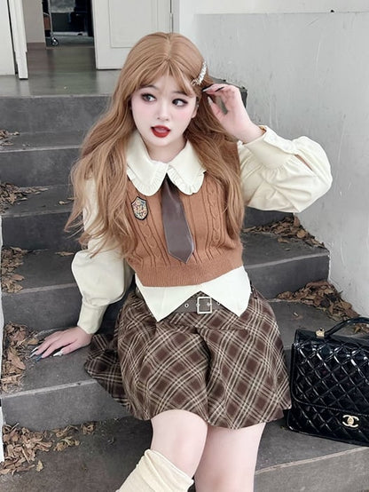 Plus Size Coffee V-neck Preppy Vest