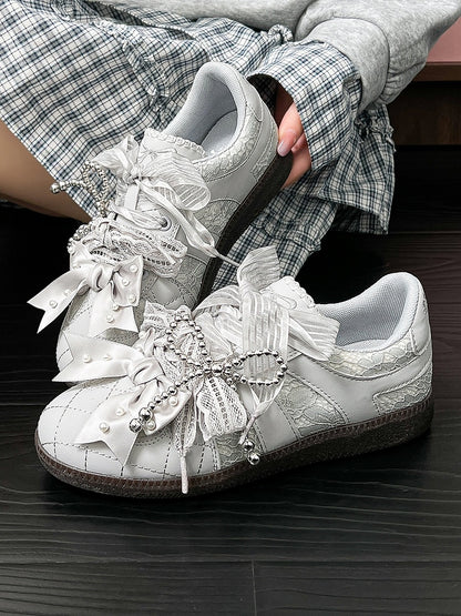 Gray Beaded Decorated Bow at Top Lace Front Lace-up Ties Sneakers