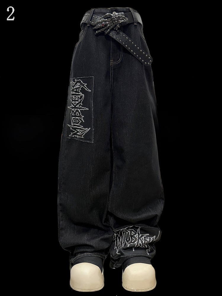 Dark Blue Letter Applique Straight-leg Cut Jeans