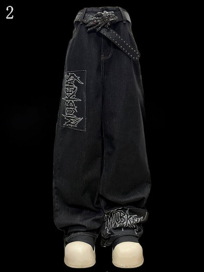 Dark Blue Letter Applique Straight-leg Cut Jeans