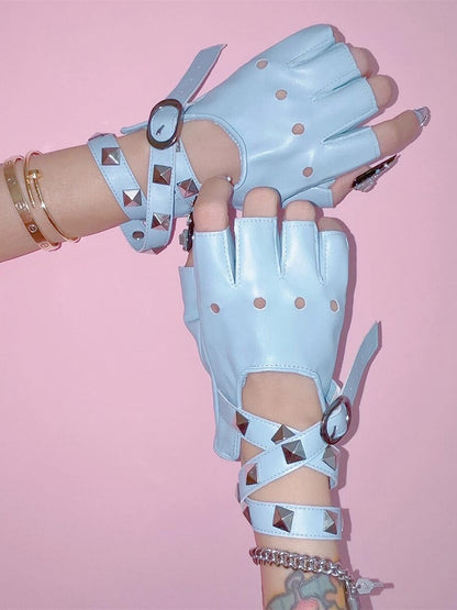 Punk Studs Crisscross Straps PU Half Finger Gloves 5 Color Options
