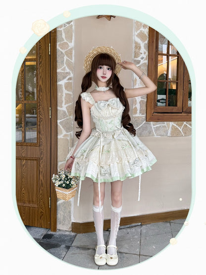 Bowknots and Beads Decoration Mint Green Flutter Sleeves Balletcore Sweet Lolita Jumper Skirt