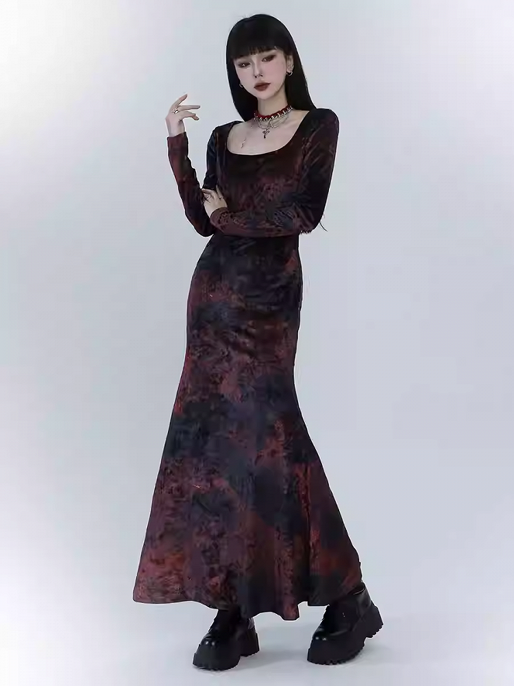 Black & Red Tie Dye Mermaid Skirt Velvet Dress