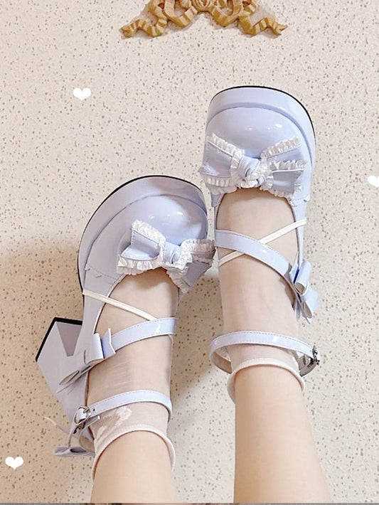 Bow Accents Blue High Block Heel Sweet Mary Janes Buckle Ankle Strap