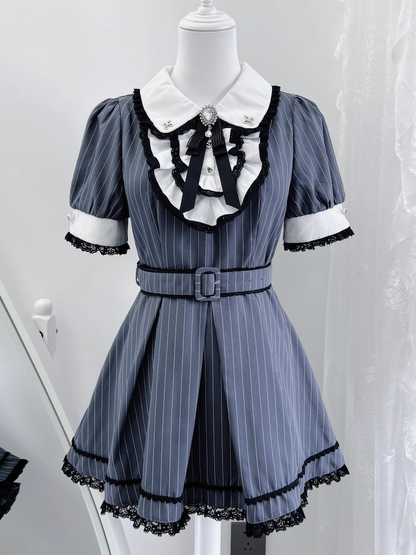 Peter Pan Collar Top with Shorts Dark Blue Stripes Maid Jirai Kei Set