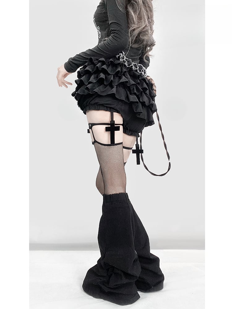 Gothic Black Y2K High Waist Cross Thigh length Glamorous Lined Tiered Skort