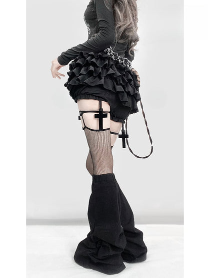 Gothic Black Y2K High Waist Cross Thigh length Glamorous Lined Tiered Skort