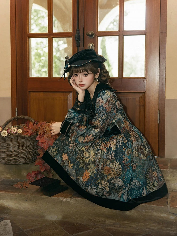 Green & Blue Floral Print Long-Sleeve Elegant Classic Lolita Dress with Black Collar and Cuffs